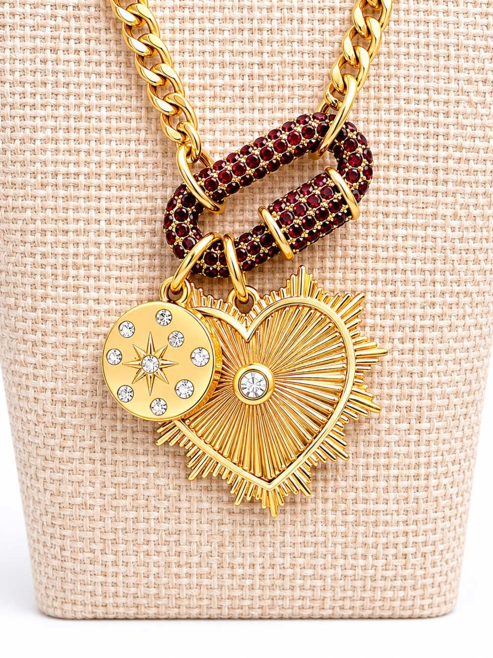 Gold Tone Rhinestone Carabiner Heart Rhinestone Charm Pendant Necklace